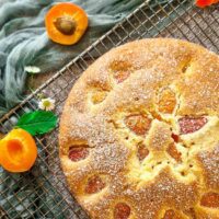 Prăjitură simplă cu caise, întreagă, răcindu-se pe un grătar, cu caise proaspete așezate lângă