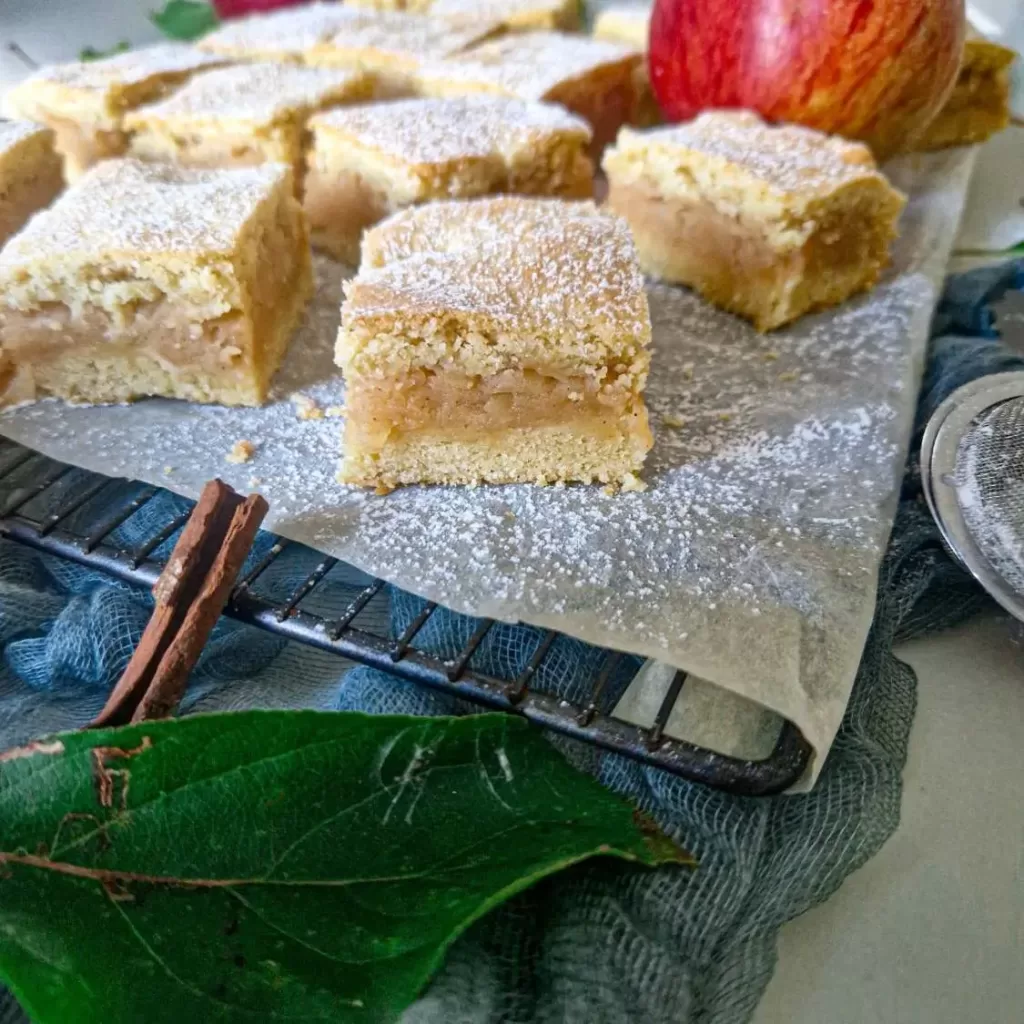 Prăjitură fragedă cu mere pe grătar de răcire, presărată cu zahăr pudră, alături de frunze și batoane de scorțișoară pentru un decor rustic.