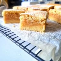 Prăjitură fragedă cu mere pe grătar de răcire, presărată cu zahăr pudră, pentru un decor rustic si clar unde se pune accent pe stratul de umplutura si fragezimea aluatului