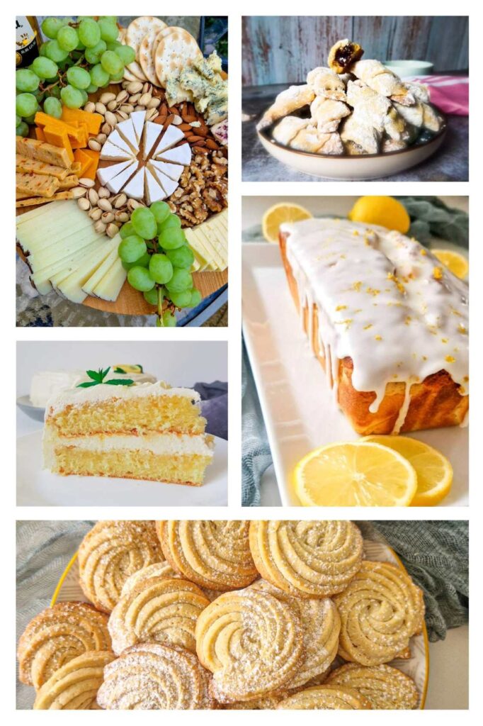 Un colaj de fotografii cu preparate delicioase pentru masa de craciun, unde am inclus platou cu branzaturi, chec aromat cu lamaie, cornulete , fursecuri