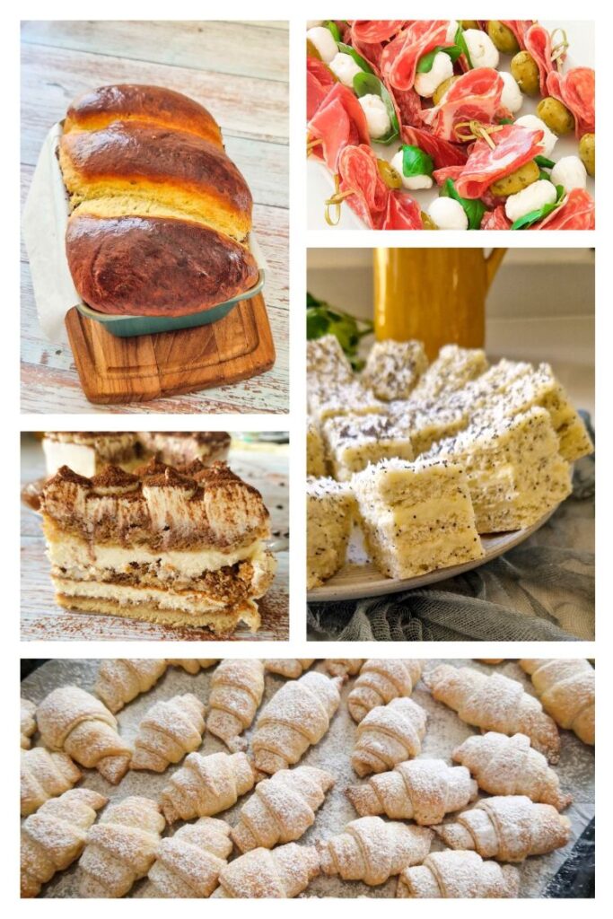 O selectie, un colaj de poze cu preparate delicioase ce pot fi incluse pe masa de sarbatori. Un tort, cornulete fragede, cozonac , foi fragede si aperitiv colorat 