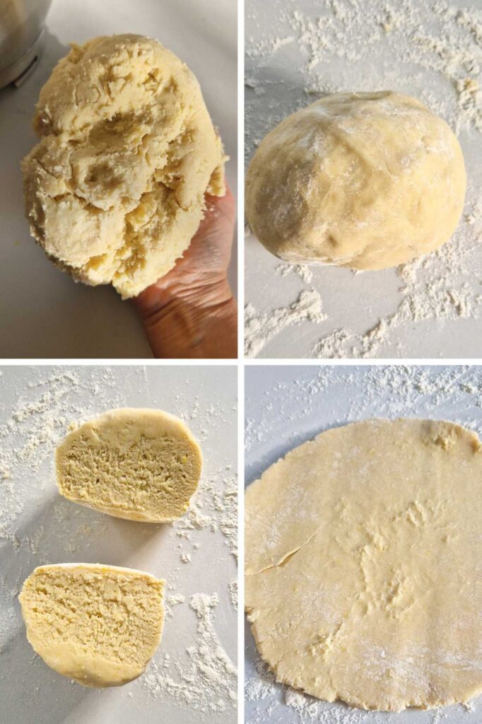 Un colaj din 4 imagini care arata un aluat fraged pentru biscuiti festivi 