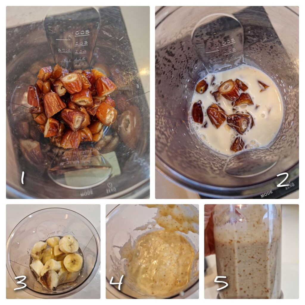 O imagine colaj unde se vad pasii clari catre obtinerea amestecului de curmale, banane, ulei de cocos