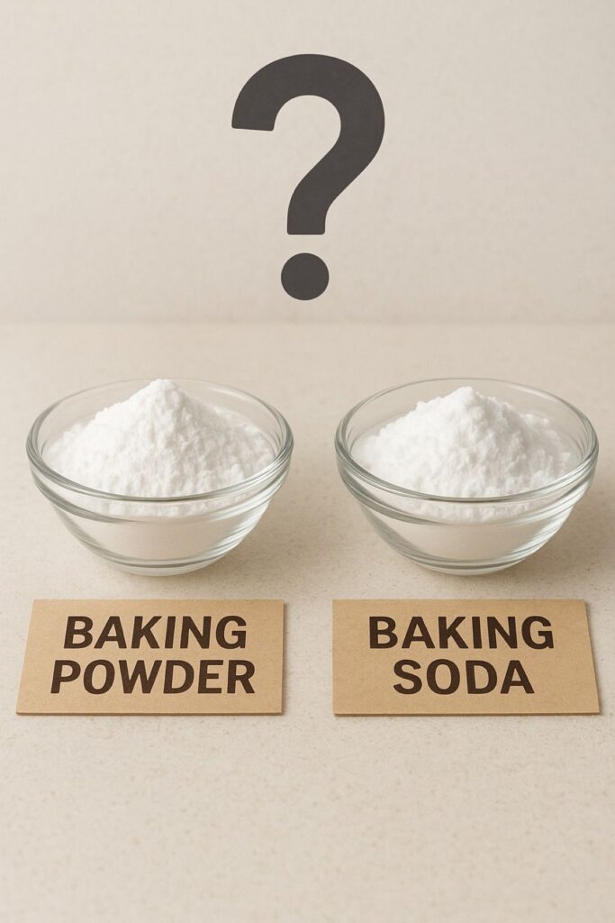 Două boluri foarte mici, unul cu praf de copt și altul cu bicarbonat de sodiu, așezate pe fundal neutru, ilustrând diferența dintre cele două ingrediente