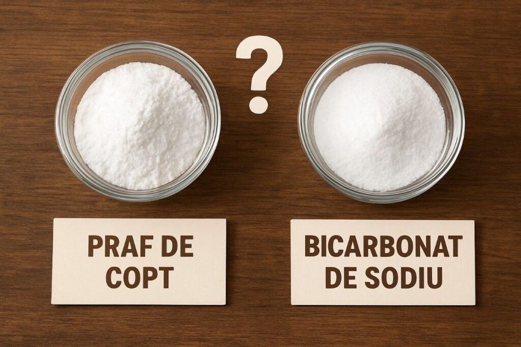 Două boluri foarte mici, unul cu praf de copt și altul cu bicarbonat de sodiu, separate de un semn de întrebare, sugerând comparația și explicarea diferențelor dintre ele.