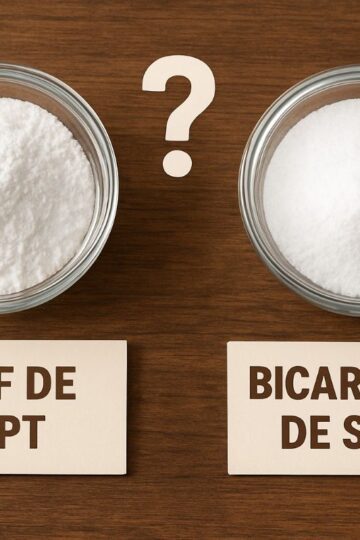 Două boluri foarte mici, unul cu praf de copt și altul cu bicarbonat de sodiu, separate de un semn de întrebare, sugerând comparația și explicarea diferențelor dintre ele.