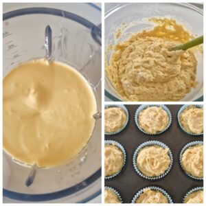 Procesul de preparare al brioșelor fără zahăr cu lămâie și ricotta – aluat în blender, compoziție finală și umplerea formelor