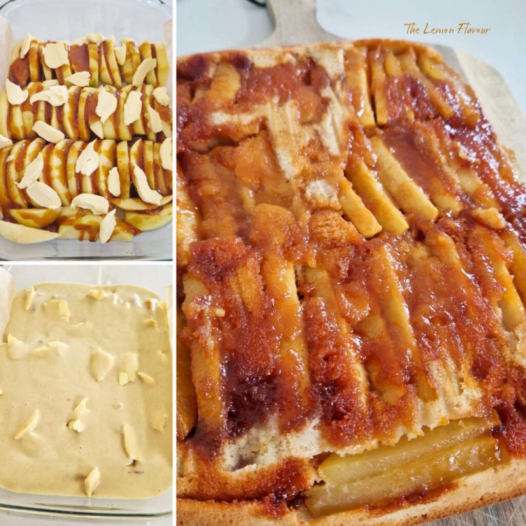 Prajitura Rasturnata cu mere pe platou, colaj cu 3 poze din timpul pregatirii unde se vede ca nu a reusit din prima incercare