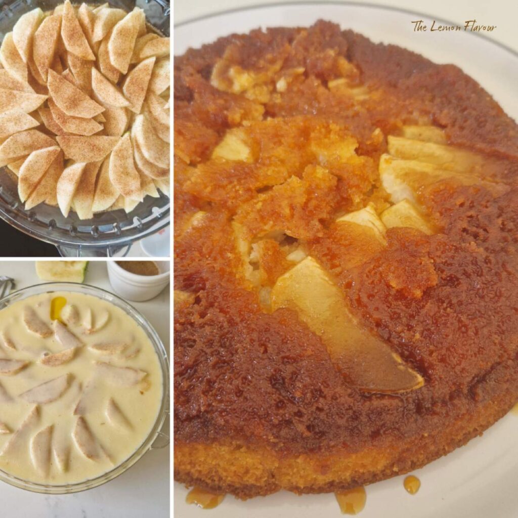 Prajitura Rasturnata cu mere pe platou,colaj cu 3 poze neresuta, dar apetisanta