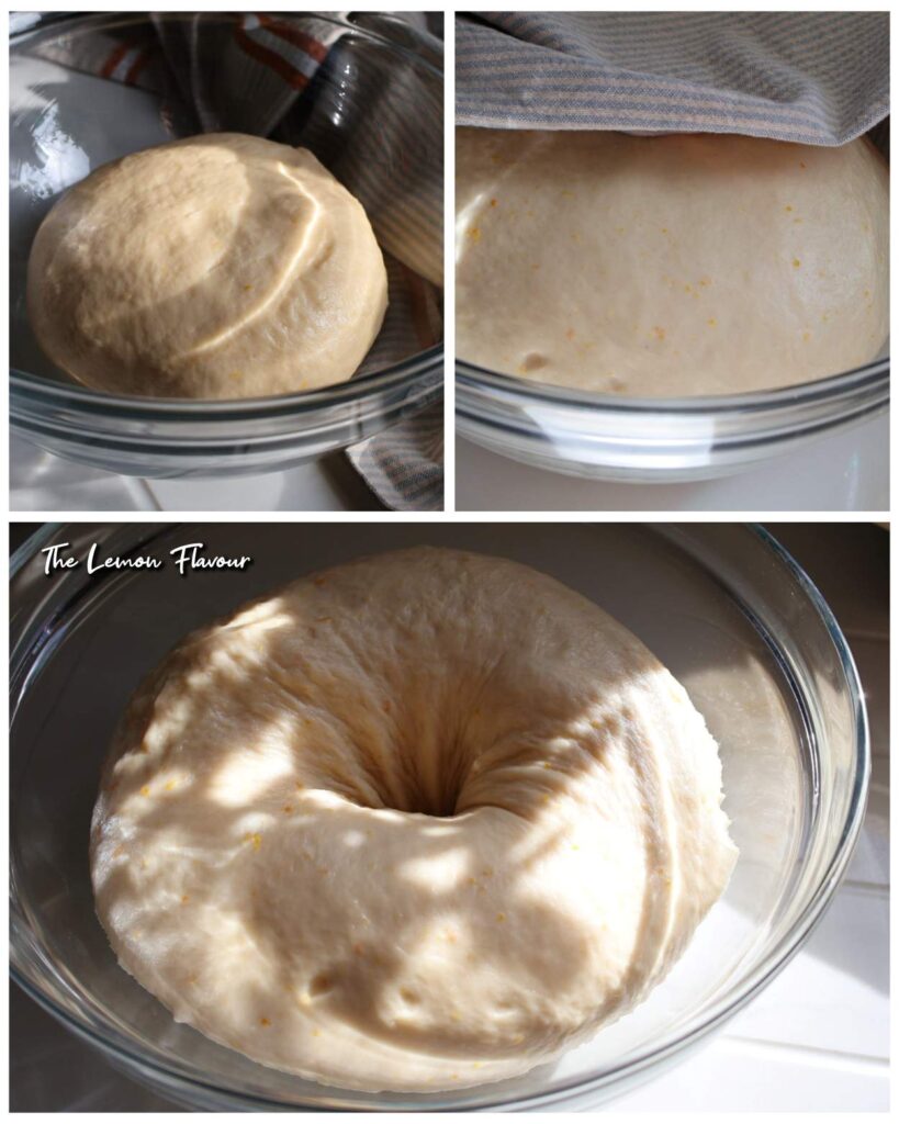 Colaj cu aluatul de post pentru cozonac unde se vede diferenta intre aluatulnedospit, dospit sicum se lasa cand apesi cu mana in mijloc atunci cand estegata dispit