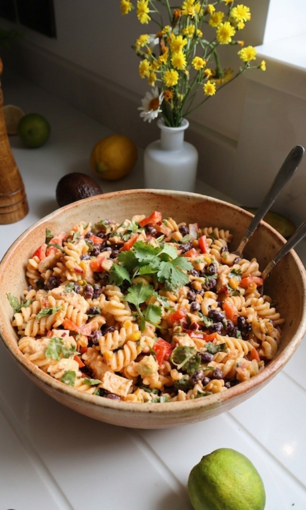 Salată Mexicană de Paste cu Pui colorata intr-un bol mare de lemn, decorata cu coriandru proaspat